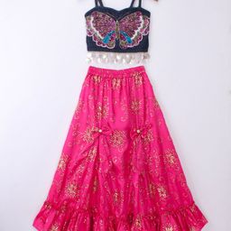 Twisha Sleeveless Butterfly Detailed Sequin Embellished & Embroidered Denim Crop Top & Foil Printed Ghagra - Blue & Pink-image-87