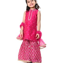 Babyhug Woven Sleeveless Floral Embroidered Kurti With Foil Print Gharara & Dupatta - Fuschia-picture-4