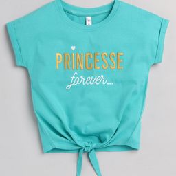 giniekids Half Sleeves Princesse Forever Text Printed Cotton Top - Mint Green-image-4