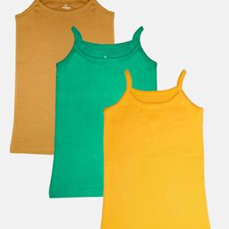 Kiddopanti Pack Of 3 Sleeveless Solid Camisoles - Brown Green & Mustard Yellow-image-3