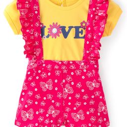 Doodle Poodle 100% Cotton Knit Half Sleeves T-Shirt & Dungaree Set Butterfly & Text Print - Yellow & Pink-image-70
