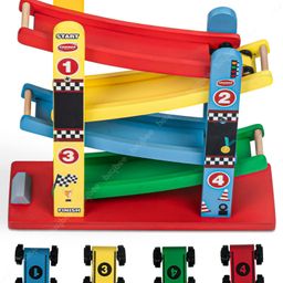 Baybee Wooden Ramp Racing Track Toy Car for Kids, Baby Gliding Twister Racer Cars with 4 Race Tracks & 4 Mini Cars, Kids Rail Slider Valley Toys Set for 3+ Years Children Boys Girls-9