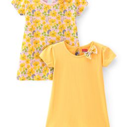 Babyhug Single Jersey Knit Half Sleeves Frocks With Floral Print & Bow Applique Pack Of 2 - Multicolor-image-43