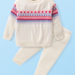Babyhug Knitted Full Sleeves Aztec Designed Pullover Sweater Set - Off White-image-3