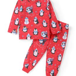 Babyhug Cotton Knit Full Sleeves Night Suit Penguin Print - Red-image-28