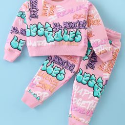 Doreme Cotton Knit Full Sleeves Top & Lounge Pants Co-Ord Set With Street Art Theme Print - Pink-picture-49