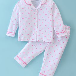 Doreme Interlock Knit Full Sleeves Printed Night Suit - Off White & Pink-image-7