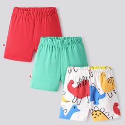 Bonfino 100% Cotton Knit Above Knee Length Shorts With Solid Colour & Dino Print Pack of 3 - Red Green & White-image-69