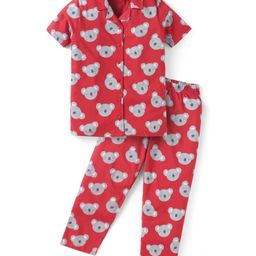 Babyhug Cotton Knit Half Sleeves Front Open Collar Neck Night Suit with Koala Print - Red-picture-17