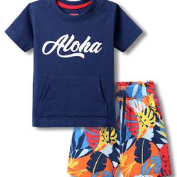 Babyhug Single Jersey Knit Half Sleeves T-Shirt and Shorts Set with Aloha Text Print - Navy Blue-image-8