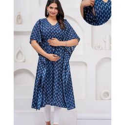 CeleBravo Cotton Half Batwing Sleeves Leaves Printed Maternity Kaftan With Nursing Access - Blue-image-68