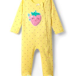 Babyhug Cotton Knit Full Sleeves Footed Sleep Suit With Polka Dot Print & Strawberry Patch - Yellow-image-66