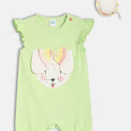MINI KLUB Cotton Knit Frill Sleeves Dog Embroidered & Applique Detailed Romper With Cap - Green-picture-43