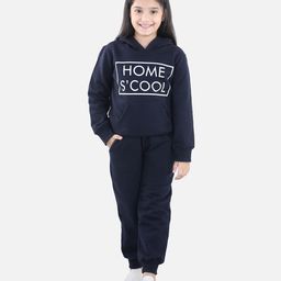 StyleStone Fleece Woven Full Sleeves Home School Text Printed Hooded Sweatshirt & Joggers Set - Navy Blue-picture-7