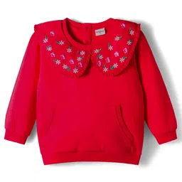 Babyhug Cotton Knit Full Sleeves Sweatshirt with Peter Pan Collar Floral Embroidery & Kangaroo Pocket - Red-picture-7
