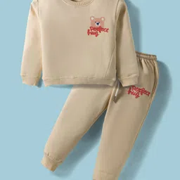 Smarty Girls Fleece Knit Full Sleeves T-Shirt & Lounge Pant With Animal Print - Cream-picture-15