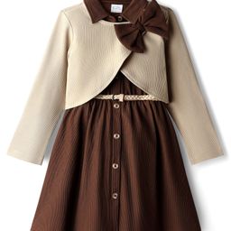 Hola Bonita Knit Full Sleeves Solid Shirt Style Dress with Belt Shrug & Bow Applique - Brown & Beige-picture-1