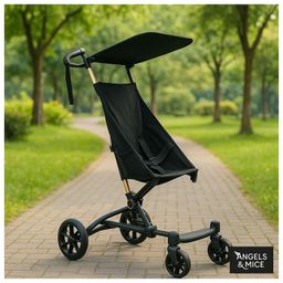 Angels & Mice Travel Cruiser Stroller for 2-7+ Years, Steel Frame,4pt. Safety Harness Lightweight Travel Stroller with Wide Seat, Big Wheels, Compact Fold, Adjustable Sunshade, Black & Gold-image-86
