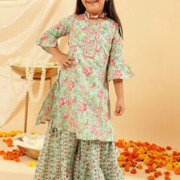 BANDIA Girls Floral Printed Panelled Pure Cotton Kurta with Sharara-image-94