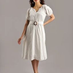 Tommy Hilfiger Ecru Cotton Split Neck A Line Dress-image-77