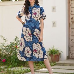 JISORA Women Blue Printed Cotton Shirt Dress-image-59