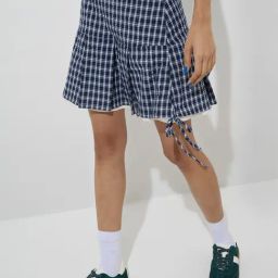 Nuon by Westside Navy Checks Design High-Rise Cotton Skirt-image-86