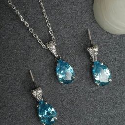 Clara 92.5 Sterling Silver Swiss Zirconia Sky Blue Tear Drop Pendant Set-picture-15