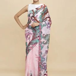 Navyasa Pink Liva Lite Floral Printed Saree With Coordinated Unstitched Blouse Piece-image-78