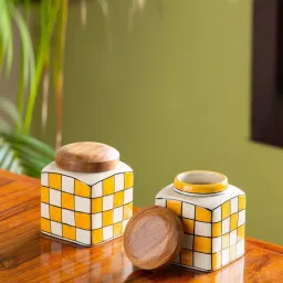 ExclusiveLane 'Shatranj Check' Hand-painted Jars & Containers (Airtight, Set of 2, 480 ML, 4.3 Inch) image 1