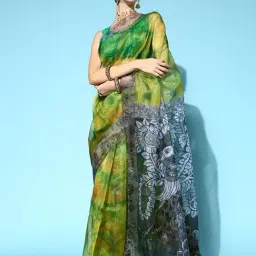 Blissta Lime Green Printed Saree With Unstitched Blouse-picture-34