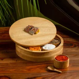 ExclusiveLane Rainbow Owl Motif' Spice Box With Spoon In Mango Wood (7 Detachable Containers, 70 ML) image 2