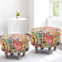 Ikiriya Pack Of 2 Green & Yellow Printed Ottomans-6