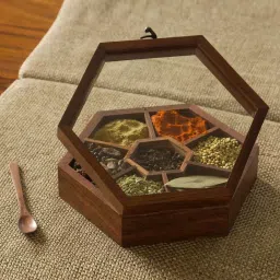 ExclusiveLane Handcrafted Hexagonal Spice Box With Spoon In Sheesham Wood (7 Partitions, 100 ML) image 2