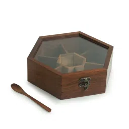 ExclusiveLane Handcrafted Hexagonal Spice Box With Spoon In Sheesham Wood (7 Partitions, 100 ML) image 3