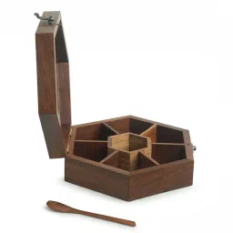 ExclusiveLane Handcrafted Hexagonal Spice Box With Spoon In Sheesham Wood (7 Partitions, 100 ML) image 5
