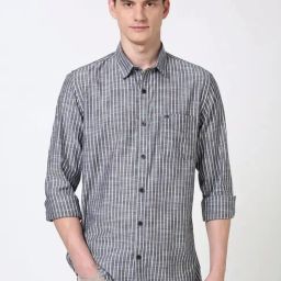 Peter England Grey Cotton Slim Fit Striped Shirt-image-67