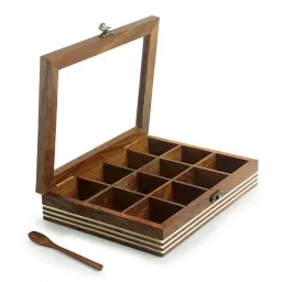 ExclusiveLane Hand Engraved Rectangular Spice Box With Spoon In Sheesham Wood (12 Partitions, 90 ML) image 5