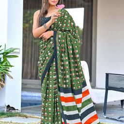 PEENGAX Abstract Printed Pure Cotton Bagru Saree-16