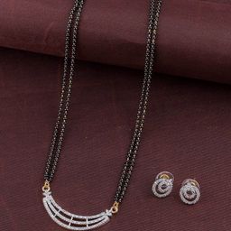 PUJVI Gold-Plated Artificial Stones Studded & Beaded Mangalsutra With Studs-image-1