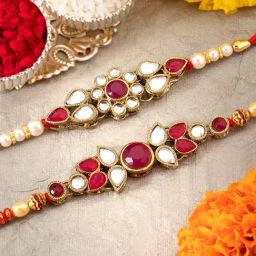 Peora Kundan Pearl Rakhi with Roli Chawal Greeting Card (Set of 2 Rakhi)-image-76