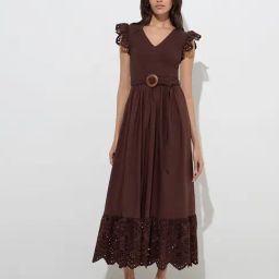 LOV by Westside Dark Brown Smocked Cotton A-Line Dress with Belt-image-37