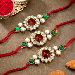 Peora Multicolored Crystal Stone Thread Rakhi with Roli Chawal Greeting Card (Set of 3 Rakhi)-image-99