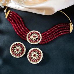 Peora Maroon Gold-Plated Kundan & Beads Choker Earrings Set-45