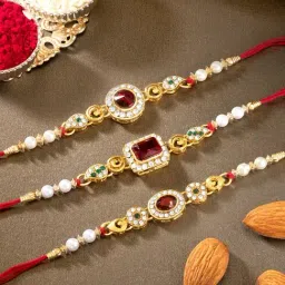 Peora Red Crystal Stone Thread Rakhi with Roli Chawal Greeting Card (Set of 3 Rakhi)-image-6