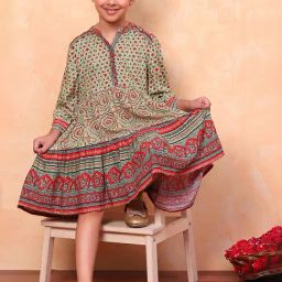 BIBA Girls Green & Red Floral Print Dress-picture-9