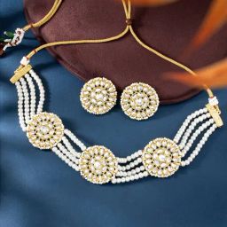Peora White Gold-Plated Kundan & Beads Choker Earrings Set-image-99