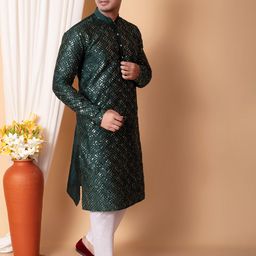 NFC CREATION Embroidered Mandarin Collar Straight Sequinned Dupion Silk Kurta With Pyjamas image 3