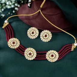 Peora Maroon Gold-Plated Kundan & Beads Choker Earrings Set-picture-17