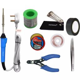 Fadman Beginner Basic Soldering Iron Kit Pack-8, Solder Wire, Stand, Wire Cutter, Soldering Flux, Tweezer, Desoldering Wick, Electric Tape, Soldering Iron 25 W Simple (Flat Tip)-46