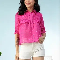 Oxolloxo Women Shirt Collar Polka Dot Print Ruffles Shirt Style Crop Top-picture-8